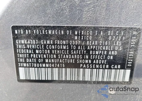 2021 Volkswagen Jetta Gli 2.0T Autobahn/2.0T S z USA, uszkodzony, nr VIN 3VW6T7BU6MM047415